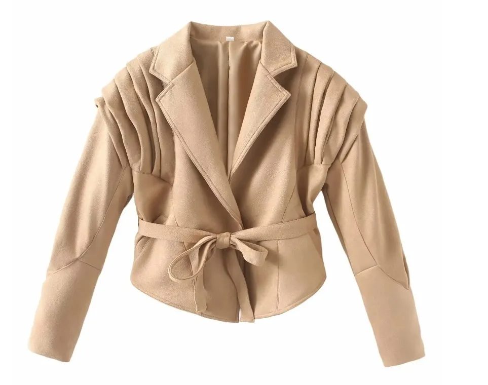 Your Brand beige coat with pleated shoulders and waist tie belt for stylish outerwear