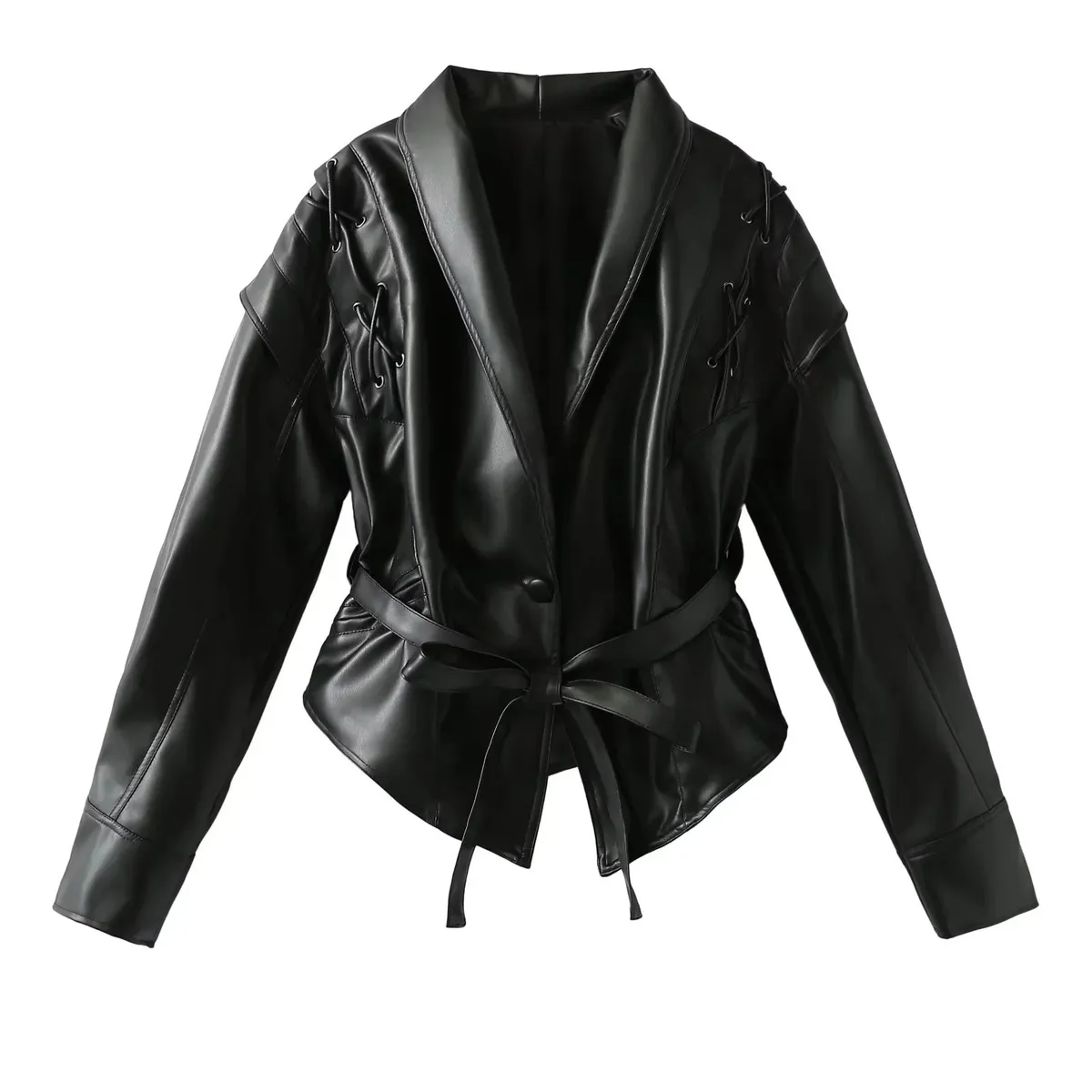 Your Brand black faux leather coat with belted waist and lace-up detailing on sleeves