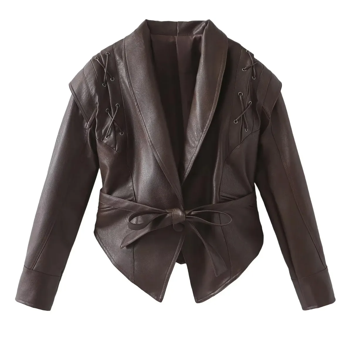 Your Brand brown leather coat with lace-up shoulder details and waist tie belt