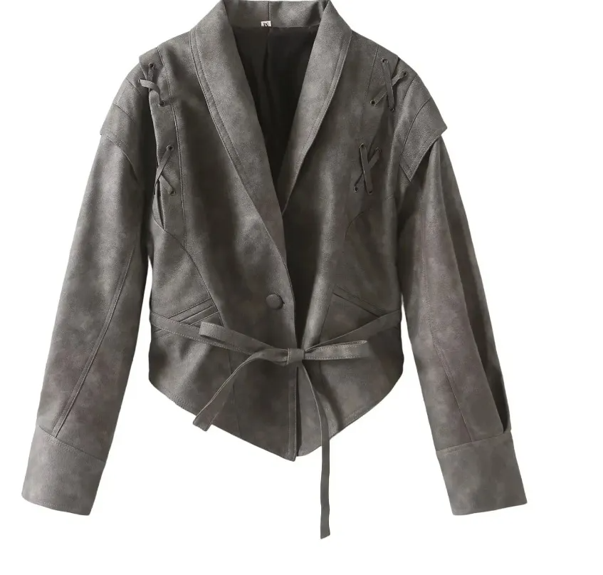 Your Brand gray suede coat with belt and long sleeves featuring crisscross lace details
