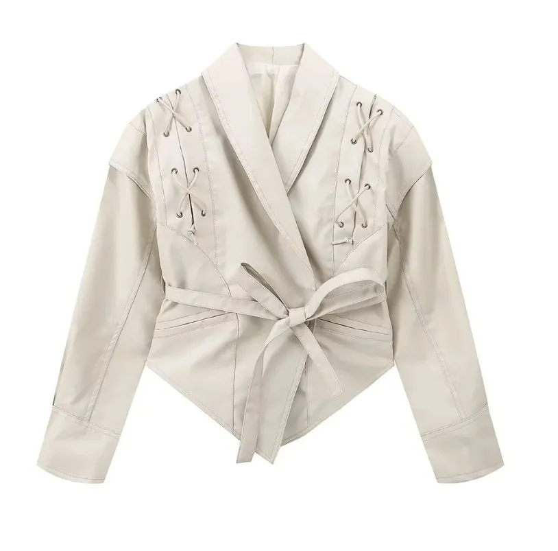 Your Brand beige wrap coat with lace-up details and a waist tie belt for a stylish fit