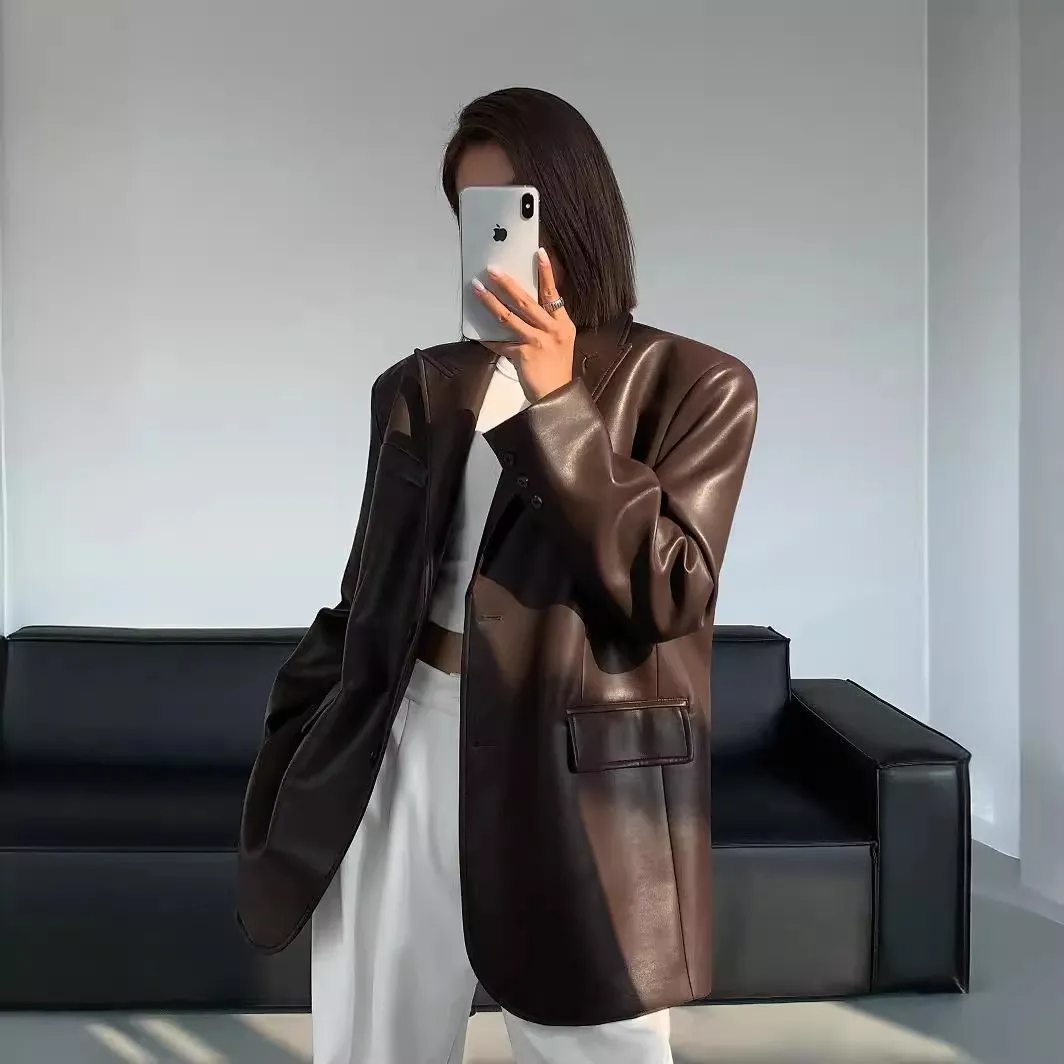 Multypros casual long sleeve lapel coat in dark brown faux leather worn with white pants