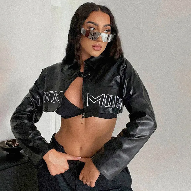 Black cropped leather fashion baseball jacket for women styled with sunglasses and black crop top