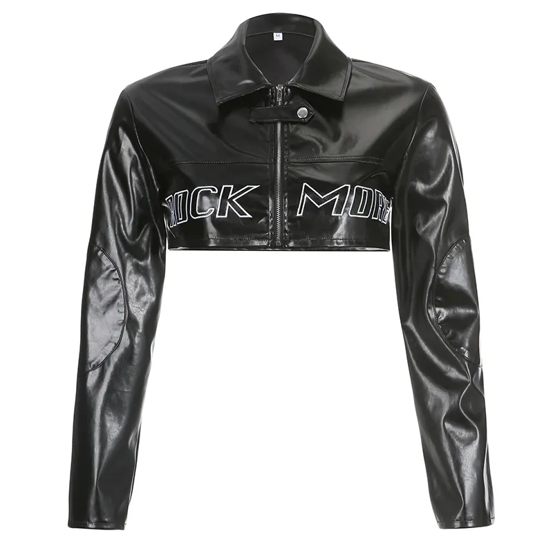Multypros fashion baseball jacket for women in black leather with zip front and cropped design