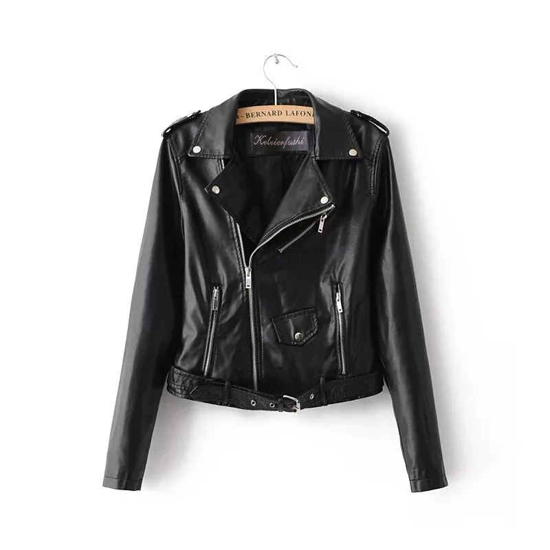Black leather wholesale moto jacket for women by Multypros with zip and belt detail