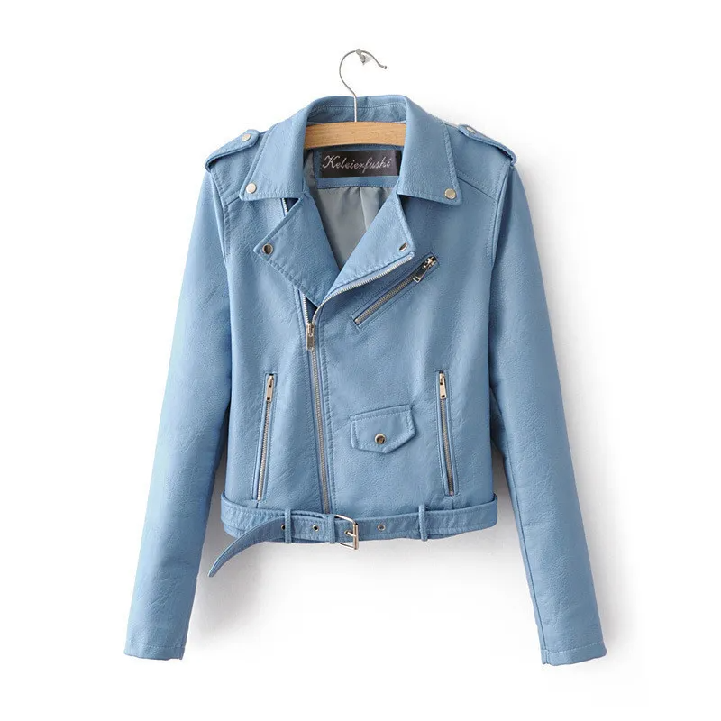 Multypros light blue leather wholesale moto jacket for women with zipper pockets and belt detail