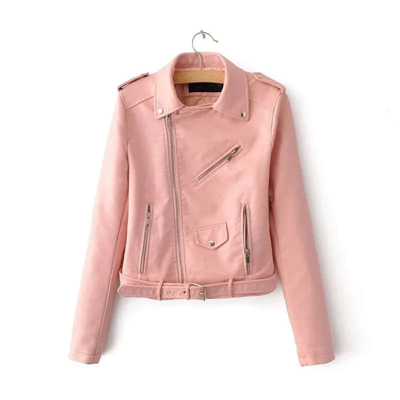 Multypros wholesale moto jacket for women in pink leather with zippered pockets and belted waist
