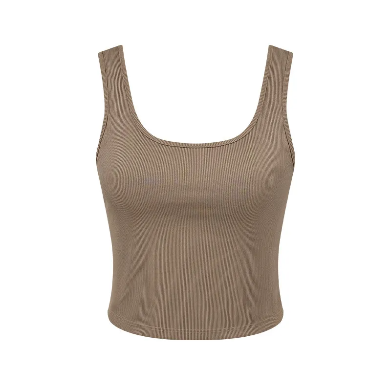 Multypros wholesale women's crop tank tops in brown ribbed fabric with scoop neckline