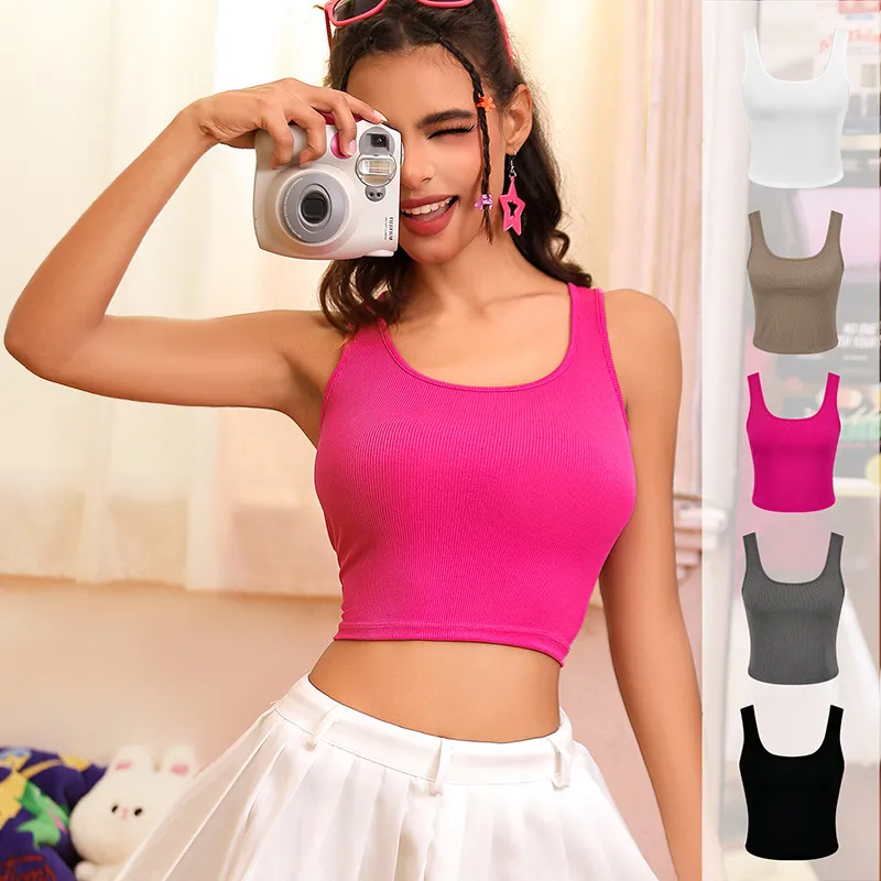 Multypros wholesale women's crop tank tops in pink with ribbed texture and sleeveless design