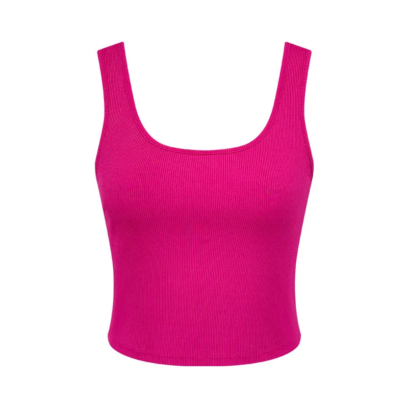 Bright pink ribbed wholesale women's crop tank tops by Multypros with scoop neck design