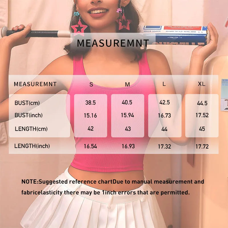 Wholesale women's crop tank tops by Multypros in pink with size measurement chart overlay