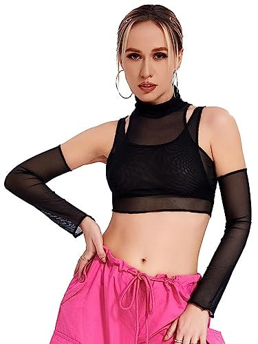 Fashion Women's Wear Turtleneck Navel Mesh See-through T-shirt