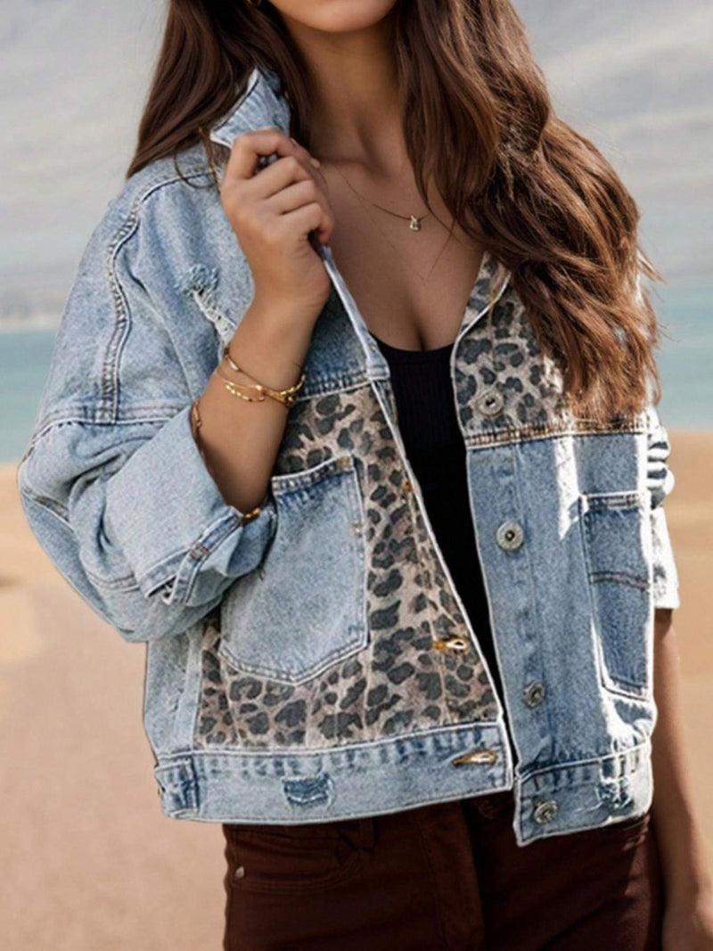 Women's Washed Blue Long Sleeved Denim Jacket, Worn Denim Jacket, Leopard Print Patchwork Short Jacket Top, Women's Clothing