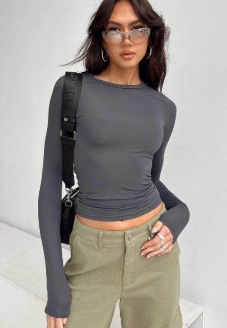 Women's Clothing Fashion Slim Long-sleeved Pullovers Tops Solid Causal Fit Shirts MultyPros