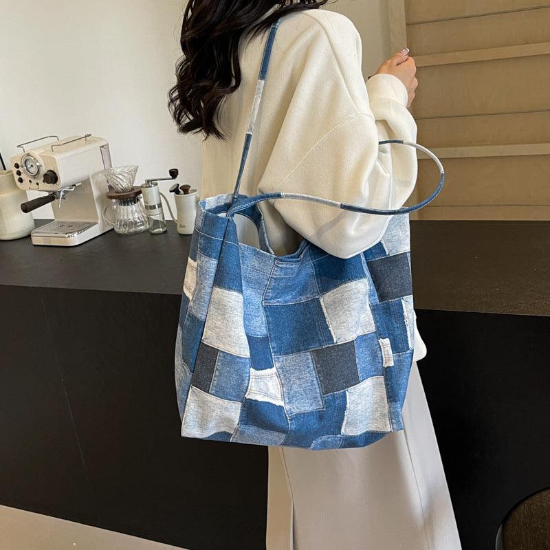 Women's Large Capacity Denim Color-contrast Check Idle Style Shoulder Commute Leisure Handbag MultyPros