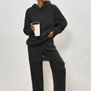 Fleece-lined Hooded Long Sleeve Dimensional Patch Pocket Casual Trousers Solid Color Suit