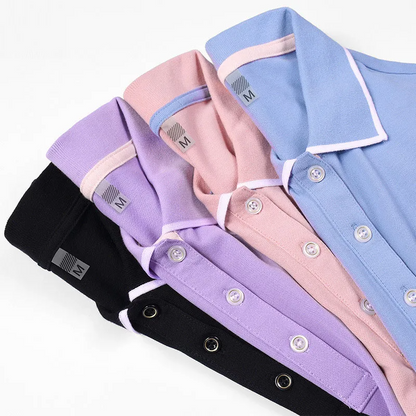 Stack of folded shirts in purple, pink, black, and blue on a white background