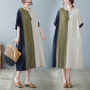 Cotton And Linen Loose Half Sleeve Contrast Paneled Dress - MultyPros