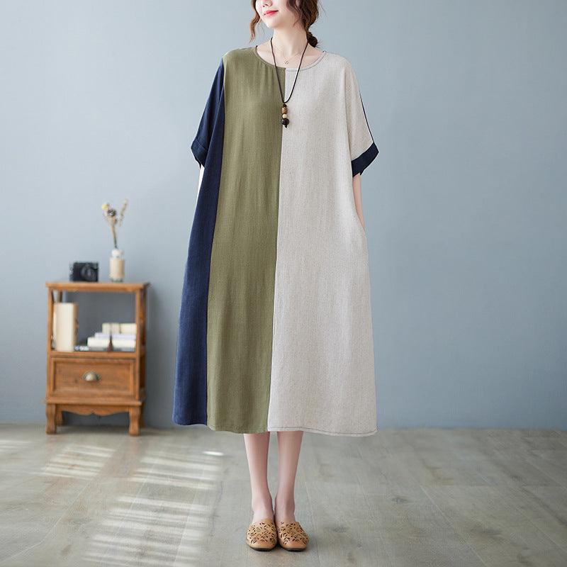 Cotton And Linen Loose Half Sleeve Contrast Paneled Dress - MultyPros