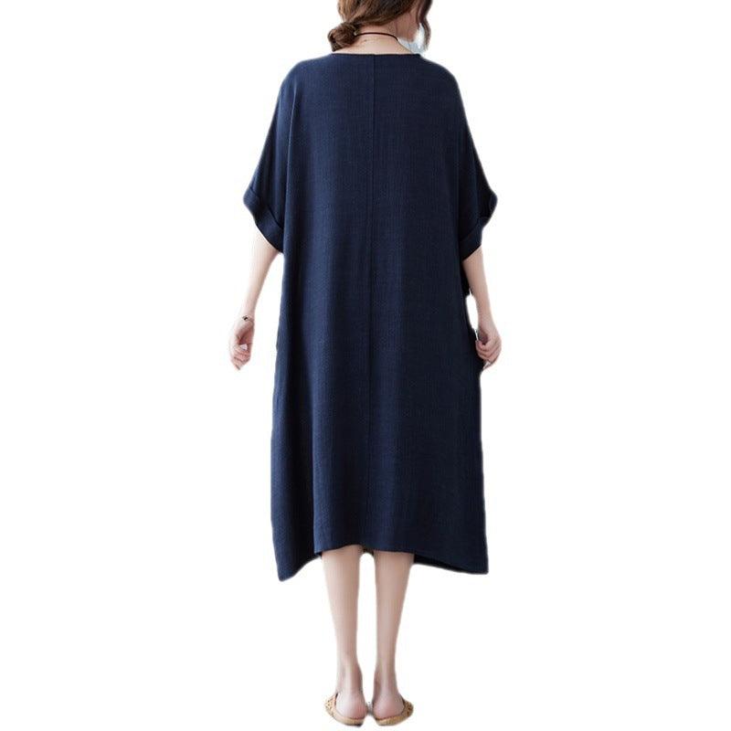 Cotton And Linen Loose Half Sleeve Contrast Paneled Dress - MultyPros