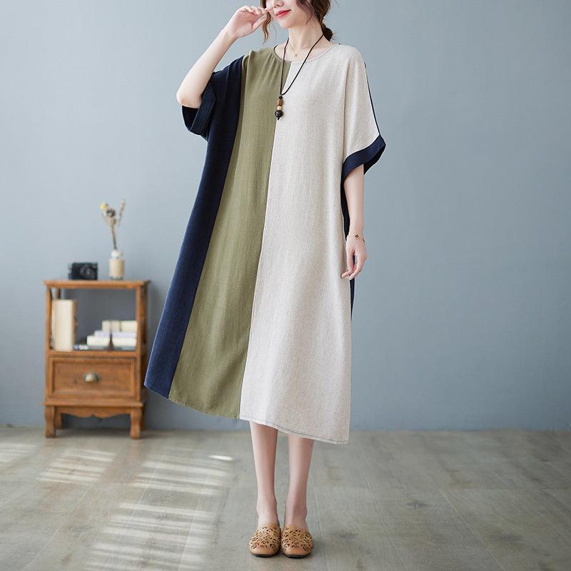 Cotton And Linen Loose Half Sleeve Contrast Paneled Dress - MultyPros