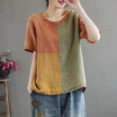 Cotton Linen Contrast Color T-shirt Artistic Design Half Sleeve Women - MultyPros