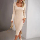 Elegant Ribbed Midi Dress with Side Slit - MultyPros