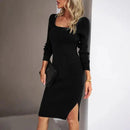 Elegant Ribbed Midi Dress with Side Slit - MultyPros