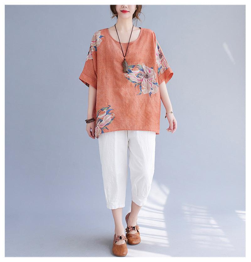 Korean Cotton Hemp Fat Mm Half Sleeve Top Summer - MultyPros