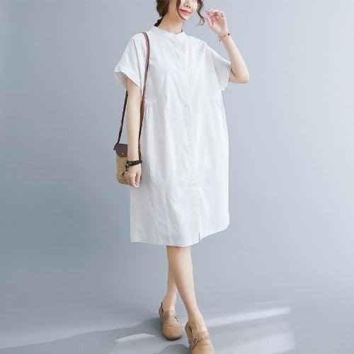 Literary Loose Plain Cotton And Linen Stand Collar Short Sleeves - MultyPros