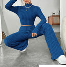 Long Sleeve Turtlenecks Wide Leg High Waist Trousers Suit - MultyPros