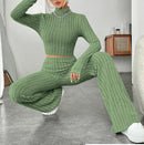 Long Sleeve Turtlenecks Wide Leg High Waist Trousers Suit - MultyPros