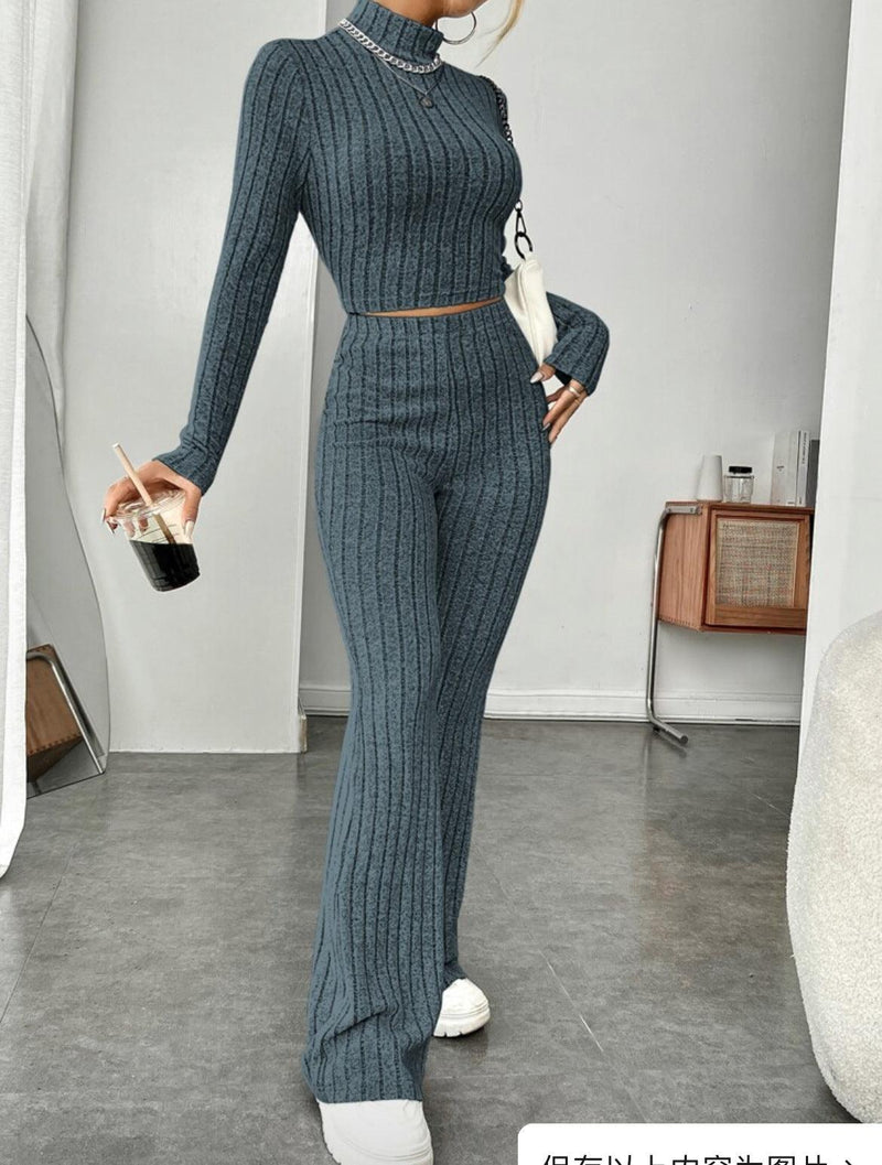 Long Sleeve Turtlenecks Wide Leg High Waist Trousers Suit - MultyPros