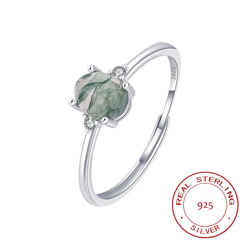 S925 Silver Green Moss Ring Water Plants Agate Female Finger Ring - MultyPros