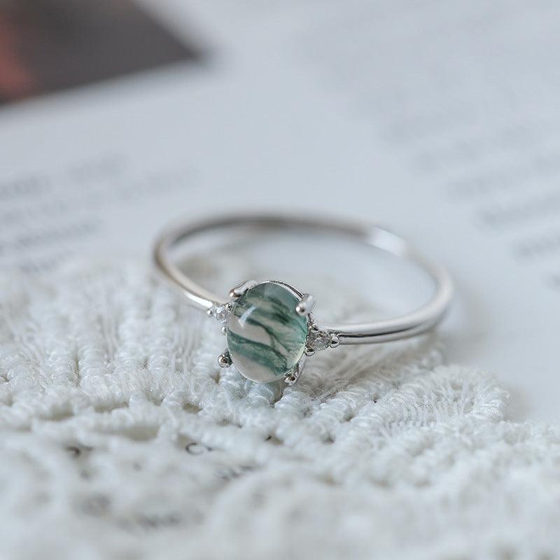 S925 Silver Green Moss Ring Water Plants Agate Female Finger Ring - MultyPros