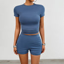 Solid Color Slim Sports Suit Summer 2Pcs Short-sleeved Round Neck T-shirt And Elastic Shorts Fashion Womens Clothing - MultyPros