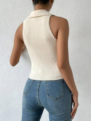 Summer V-Neck Ribbed Knit Crop Top - Sleeveless Turndown Collar in 10 Colors - MultyPros