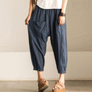 Women Casual Vintage High Elastic Waist Pockets Striped Baggy Harem Pants Turnip Trousers Work OL Wide Leg Pantalon - MultyPros