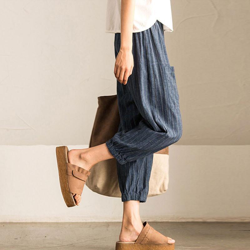 Women Casual Vintage High Elastic Waist Pockets Striped Baggy Harem Pants Turnip Trousers Work OL Wide Leg Pantalon - MultyPros