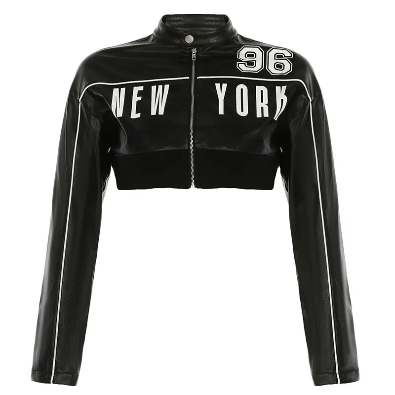 Multypros black leather alphabet print cropped jacket with New York text and number 96 design