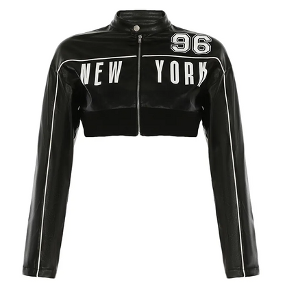 Multypros black leather alphabet print cropped jacket with New York text and number 96 design
