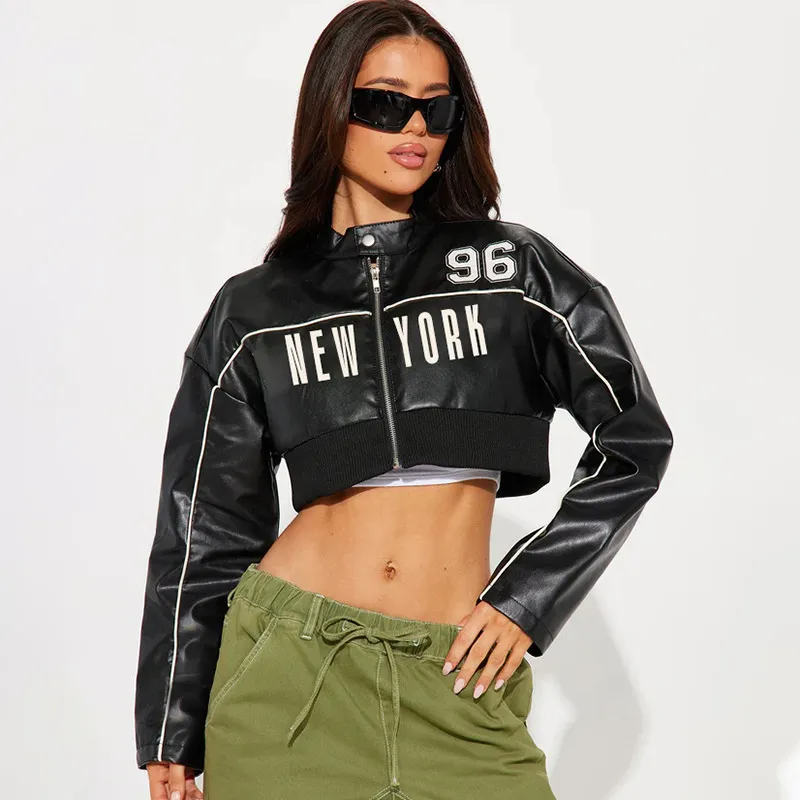 Black leather alphabet print cropped jacket by Multypros with New York print and front zipper