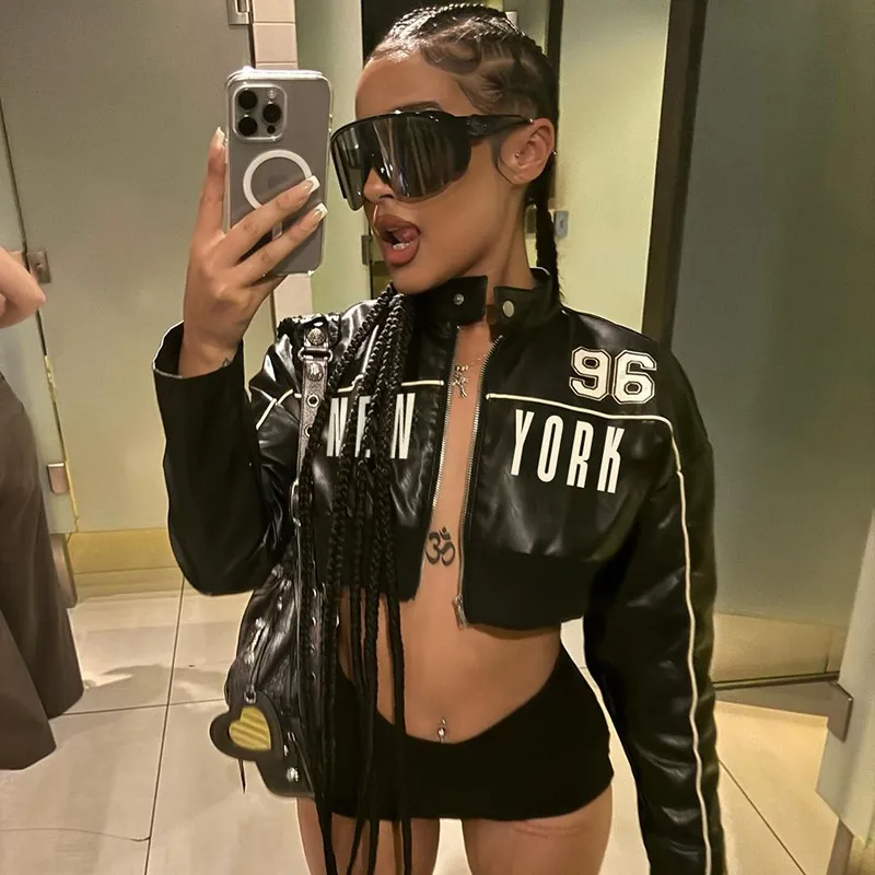 Multypros black leather alphabet print cropped jacket with New York lettering and number 96 design