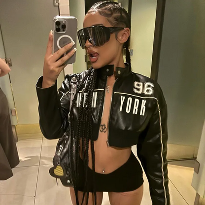 Multypros black leather alphabet print cropped jacket with New York lettering and number 96 design