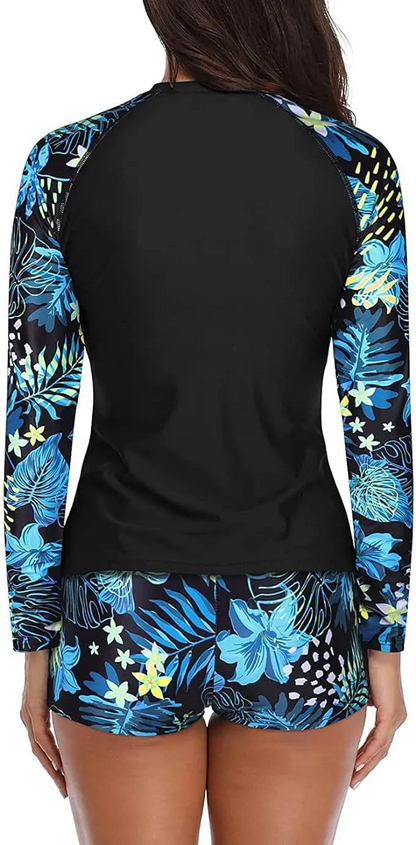 Multypros casual long sleeve swimwear for women with black body and blue floral sleeves and shorts
