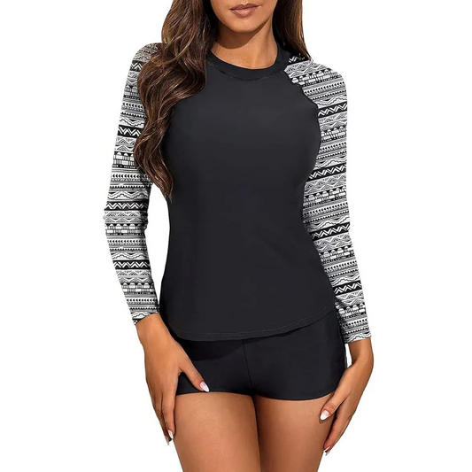 Multypros casual long sleeve swimwear for women in black with patterned sleeves and matching shorts
