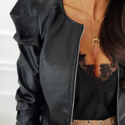 Black long sleeve zipper jacket women by Multypros with a sleek leather finish and stylish puffed sleeves