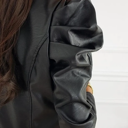 Close-up of black leather long sleeve zipper jacket women by Multypros showing detailed sleeve texture