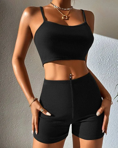 Sexy Solid Color Camisole and High Waist Shorts Two-Piece Set
