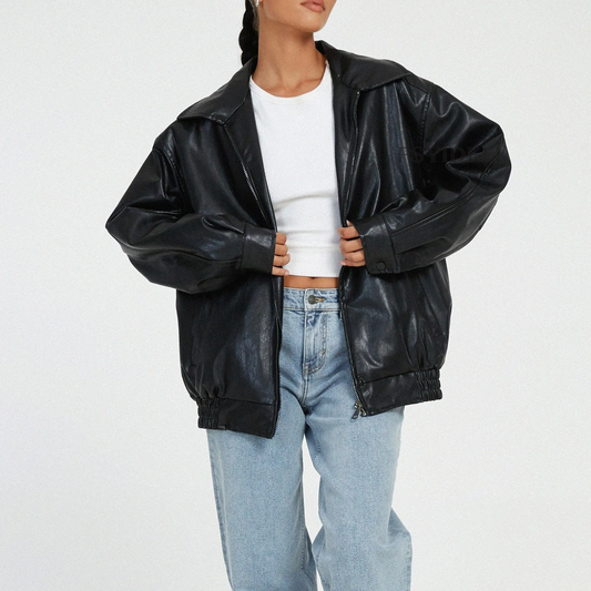 Wholesale Punk Jacket for Women - Fashionable Solid Color Long Sleeve Zipper PU Jacket